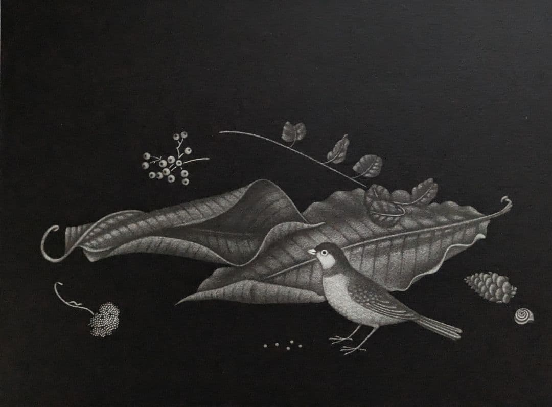 k長谷川潔の500部限定作品 「小鳥と二葉」真作保証