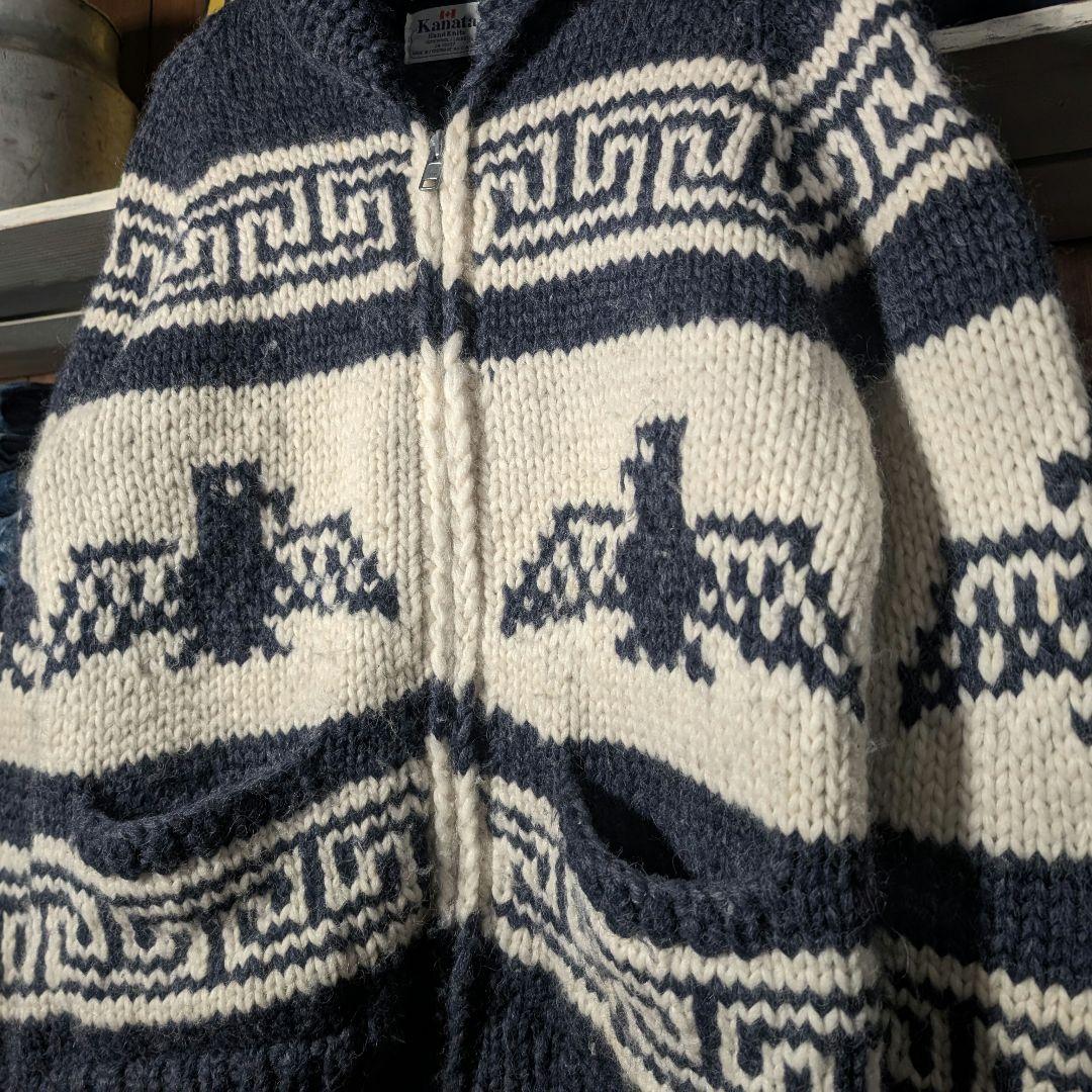 80s 90s　カナダ製　KANATA　イーグル柄　カウチンニット　ジップアップ