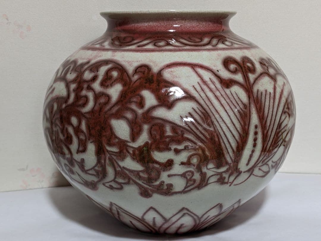 ♦京焼 陶芸家 藤平正文作 辰砂 唐物写し紋様 丸壺 置物 飾り 清水焼 骨董品