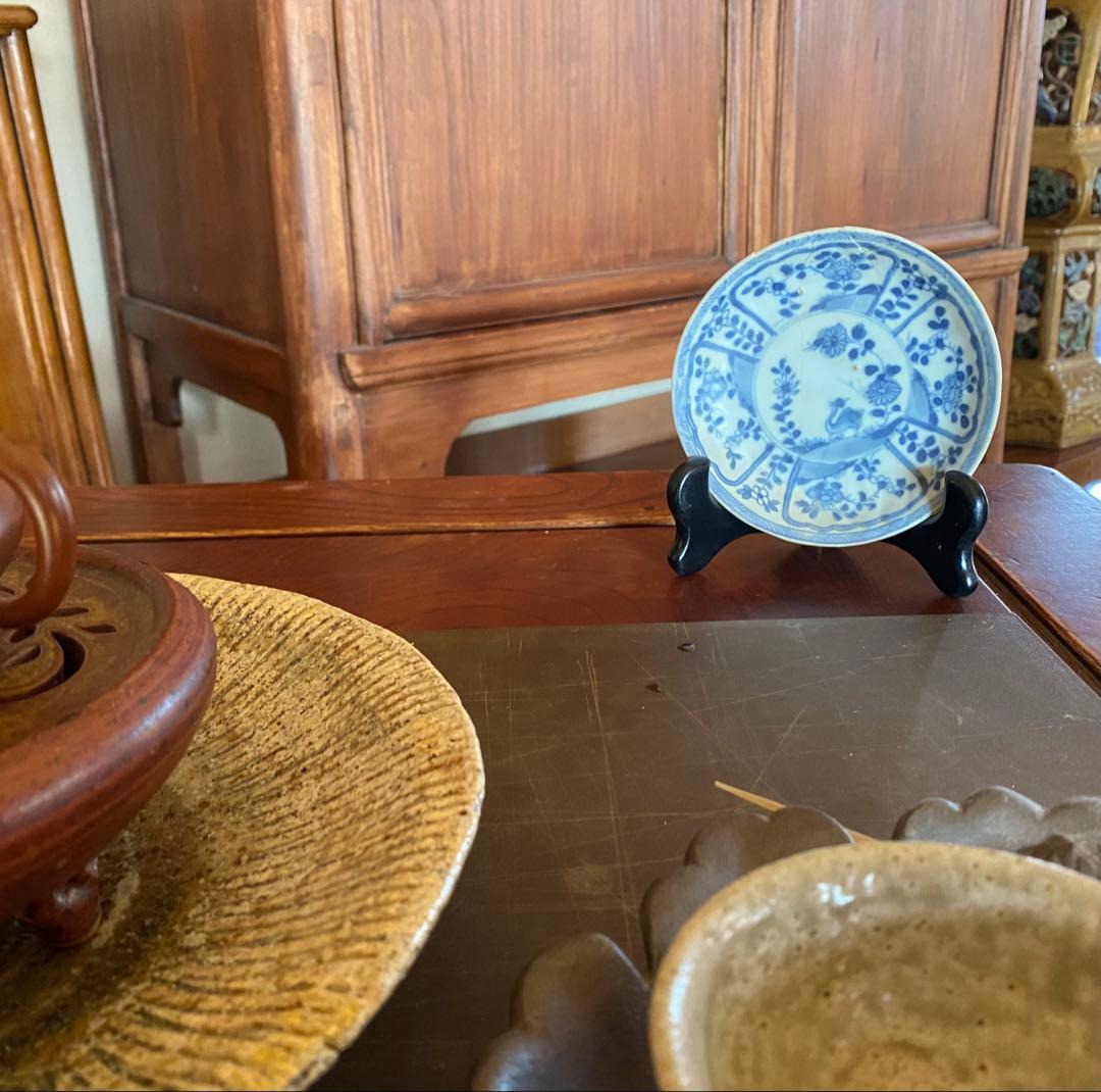 景徳鎮窯染付絵皿　鑑賞台付 ・沈船品　ヴィンテージ　レア ・台湾茶器