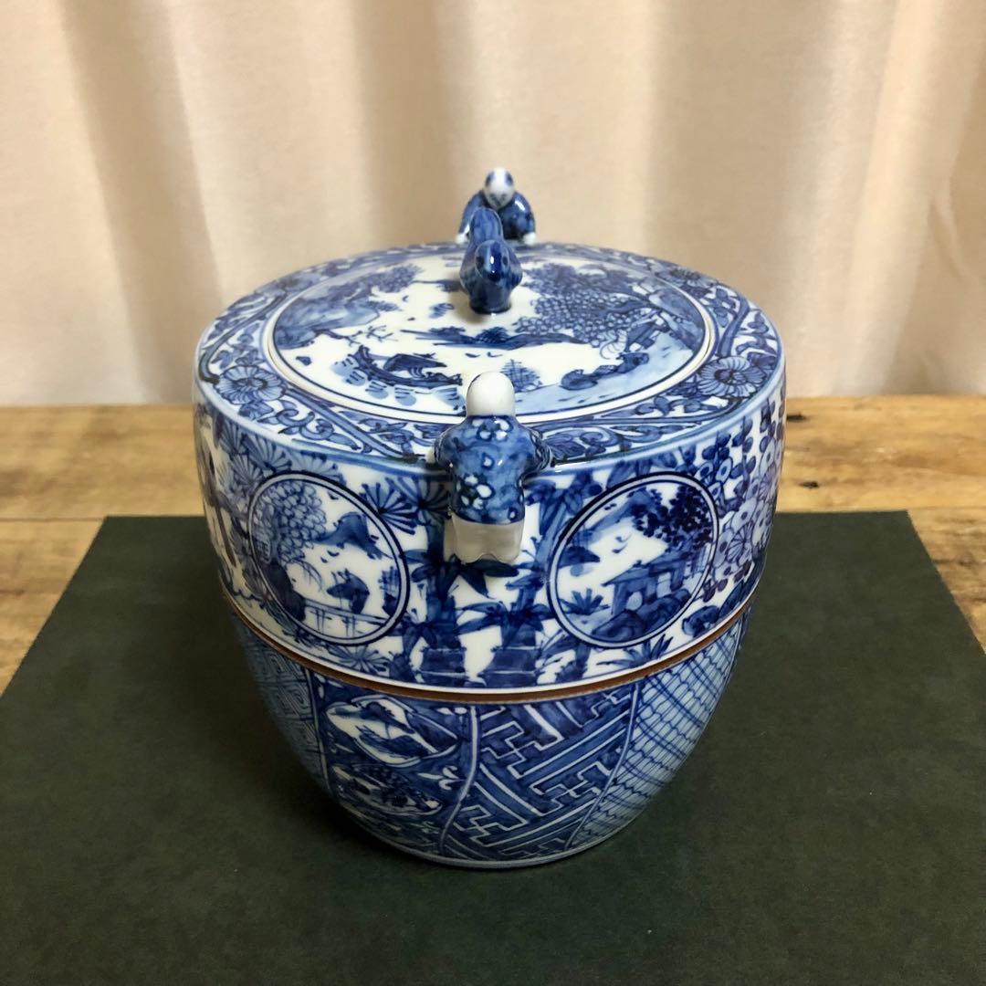 高野昭阿弥 青華祥瑞写二閑人水指 共箱 茶道具