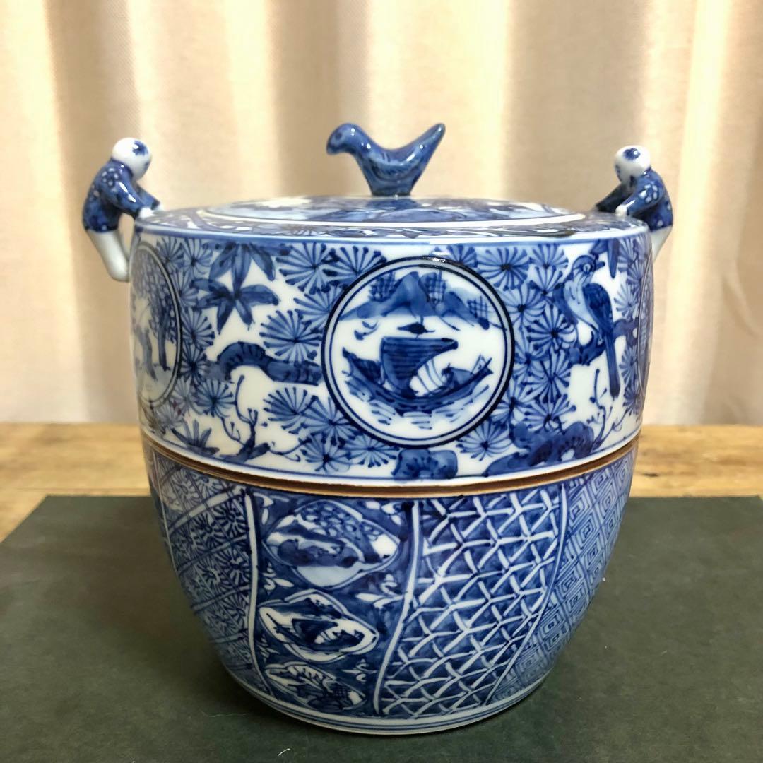 高野昭阿弥 青華祥瑞写二閑人水指 共箱 茶道具