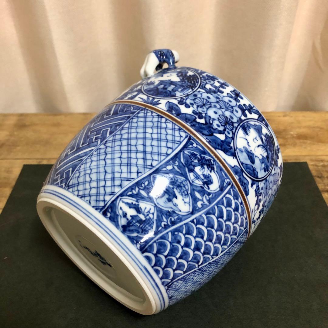 高野昭阿弥 青華祥瑞写二閑人水指 共箱 茶道具