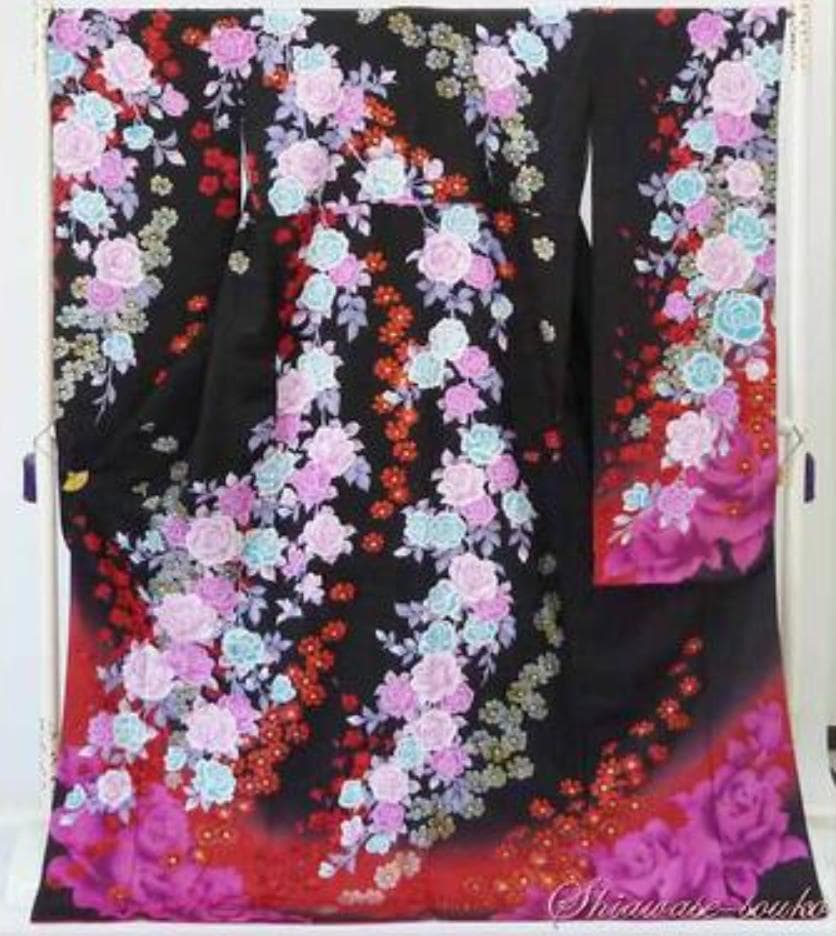 ◉成人式・卒業式・振袖「黒妖艶薔薇」b209　身長 150〜168cm