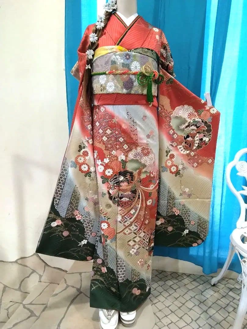 【新春】振袖フルセット、正絹振袖成人式、重ね衿帯揚げ帯締め、西陣唐織袋帯、襦袢