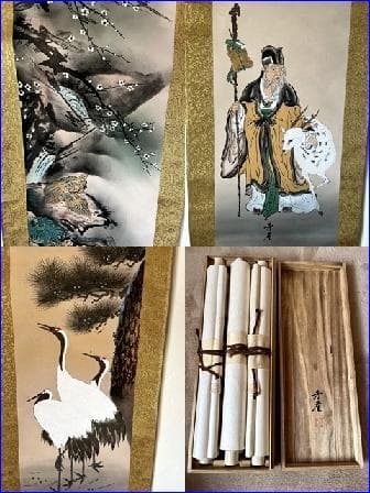 掛軸■三福対 芳崖 松竹梅 鶴亀 人物 寿老人 絹本 肉筆 時代物 骨董品■⑲