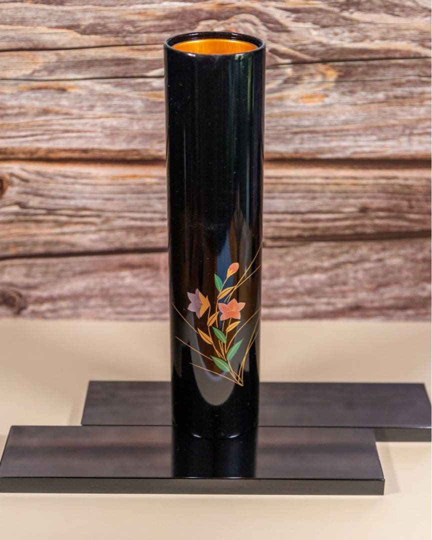 会津塗 花器 花瓶 黒漆 花文様 共箱付 飾り台付 高級漆芸品