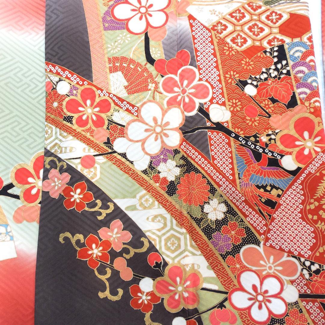 極美品★振袖フルセット　正絹　成人式　振袖　7点　Mサイズ　赤　古典柄　花柄