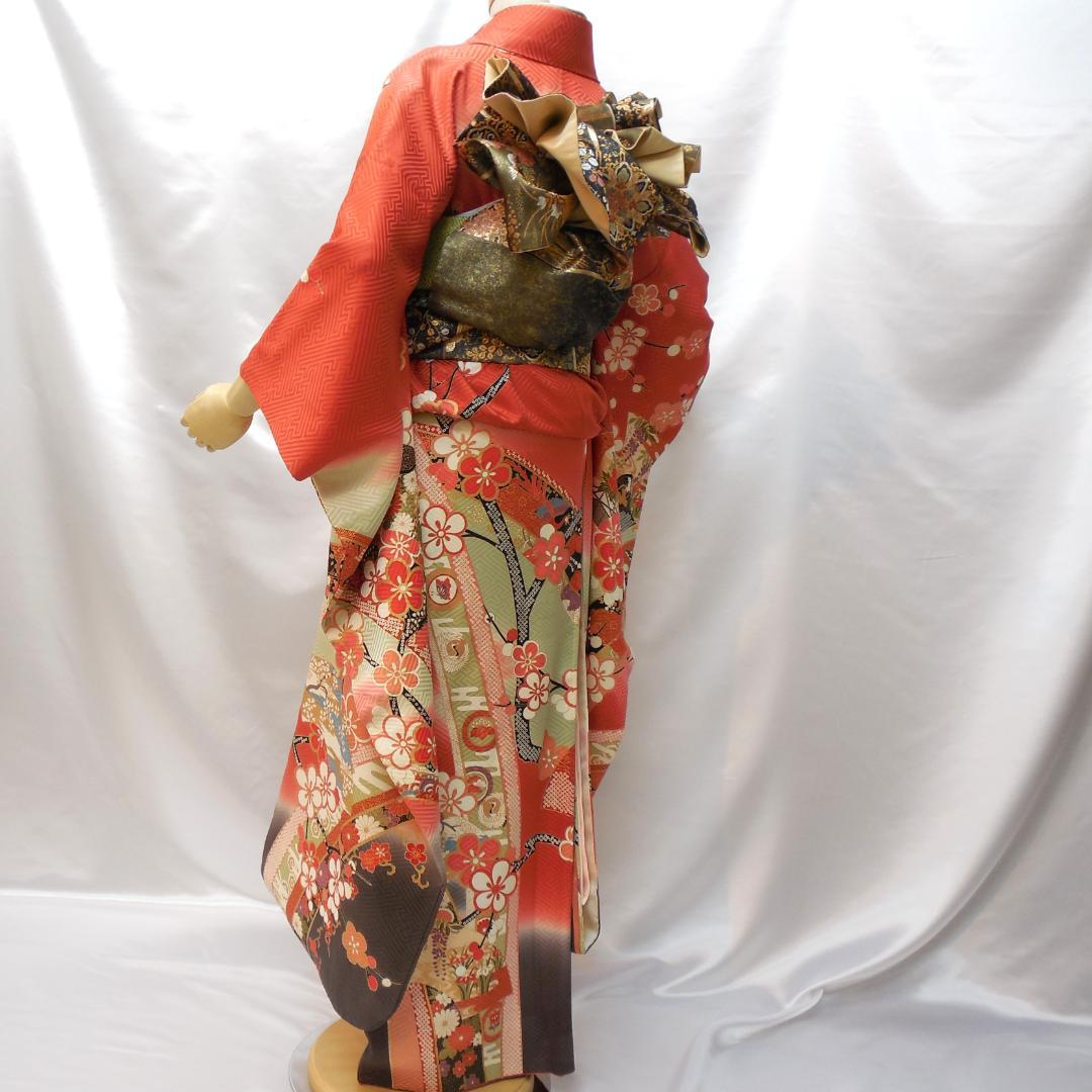 極美品★振袖フルセット　正絹　成人式　振袖　7点　Mサイズ　赤　古典柄　花柄