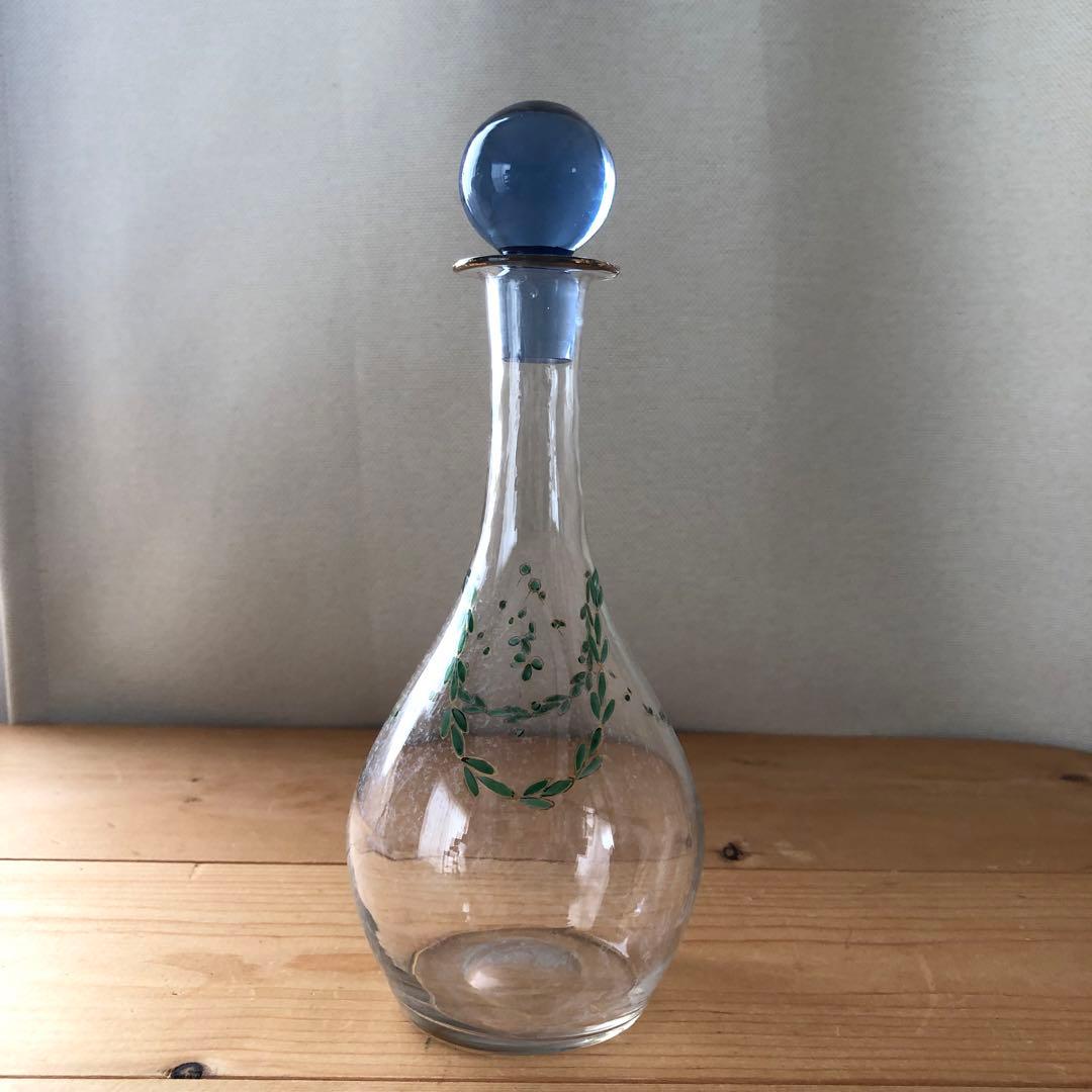 古いデカンタ　ガラス瓶　植物柄　フランス　アンティーク　デキャンタ　no.154
