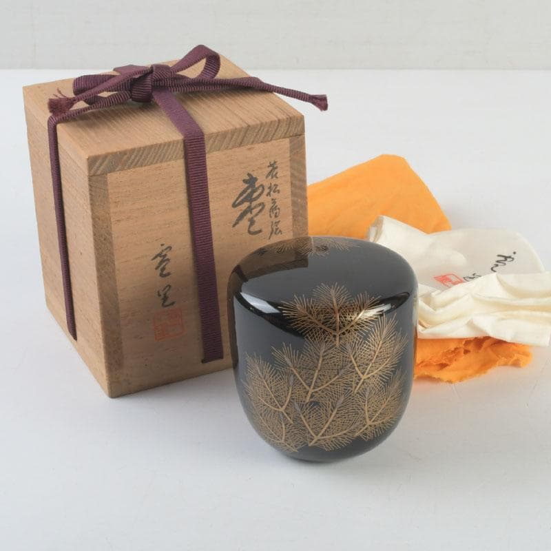 茶道具　三辻雪里作　若松蒔絵　棗　共布共箱　V　9316