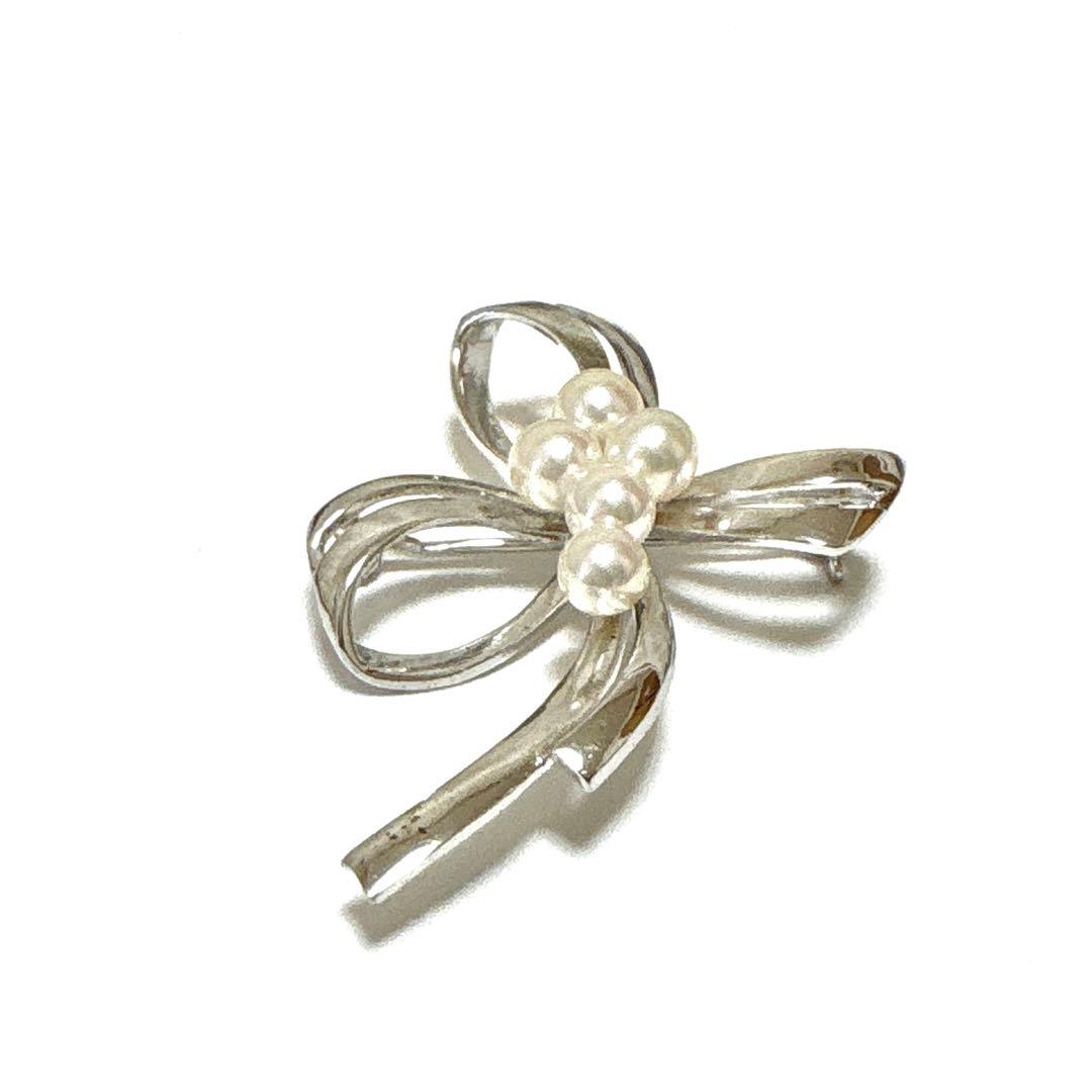 皇室御用達 ✨ミキモト アコヤ真珠 パール リボン ブローチ コサージュ SV