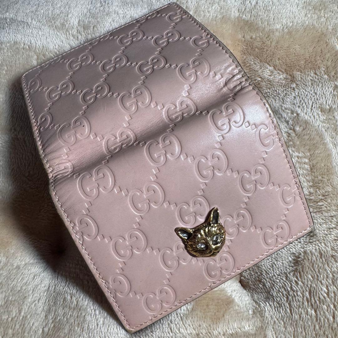 GUCCI グッチ 折財布 シマレザー ピンク GG柄 ゴールド金具 アニマリエ