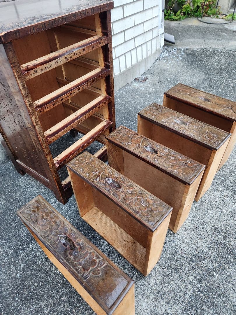 軽井沢彫　5段引出し　チェスト　桜