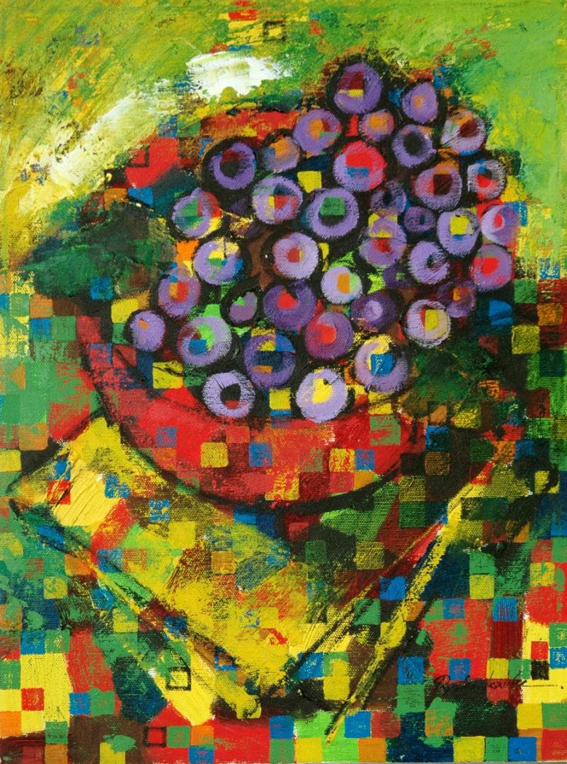 油絵 菅家令子絵 絵画インテリア額付(青緑＋金色の枠)uF6-063004ぶどう