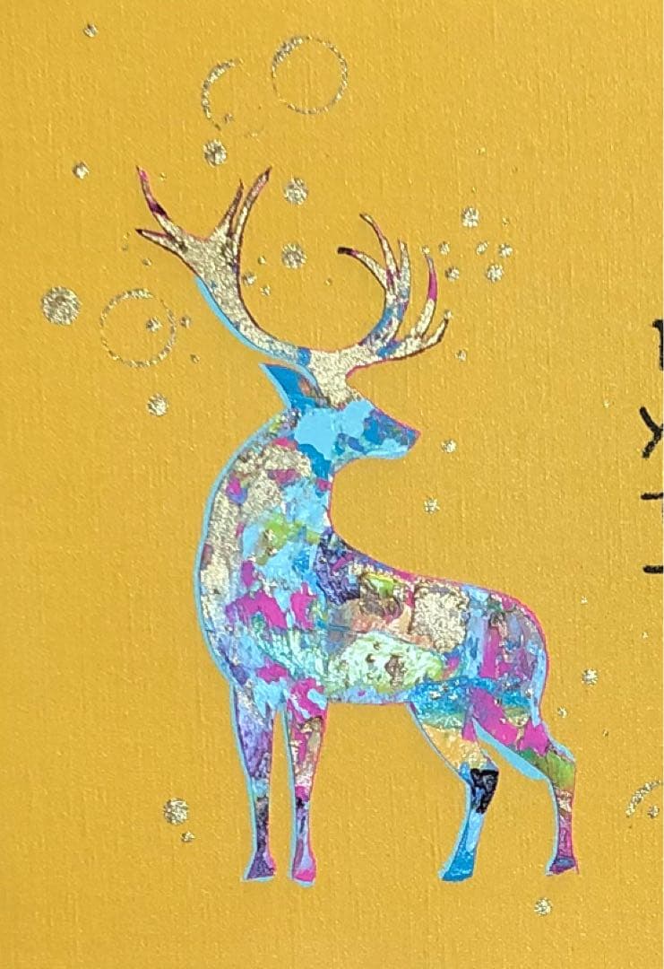 絵画　油絵　原画　一点物　鹿　イエロー　英字　ポップ　アート　プレゼント　F4