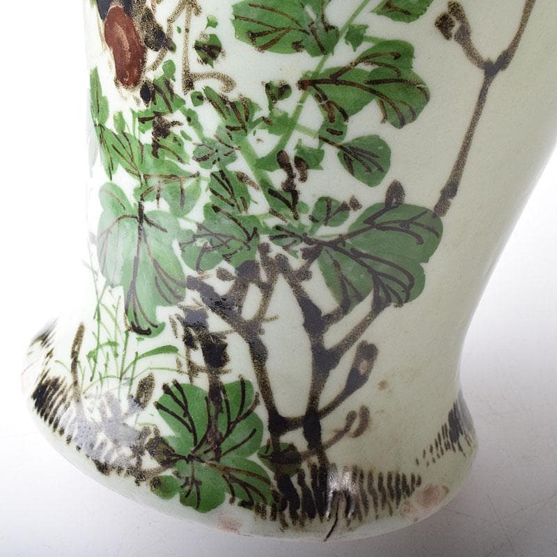 瀬戸焼　古瀬戸　青磁色絵花鳥文瓶　一対　J　R8751H