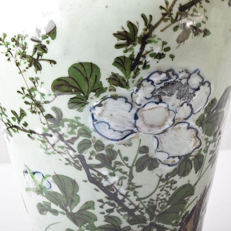 瀬戸焼　古瀬戸　青磁色絵花鳥文瓶　一対　J　R8751H