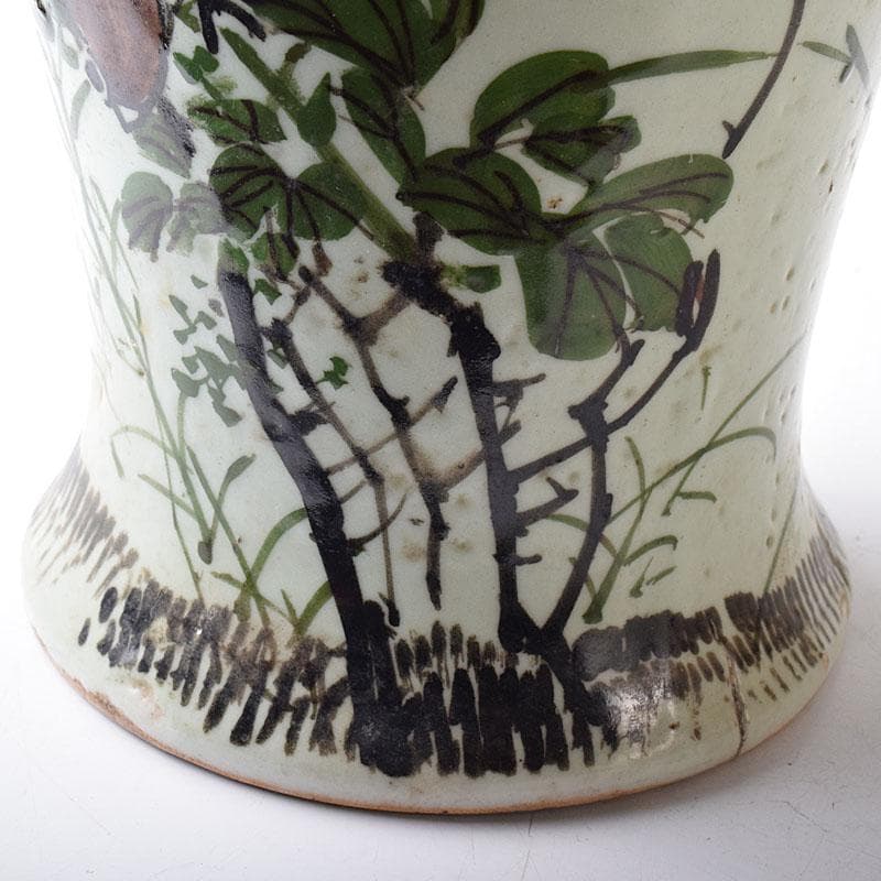 瀬戸焼　古瀬戸　青磁色絵花鳥文瓶　一対　J　R8751H