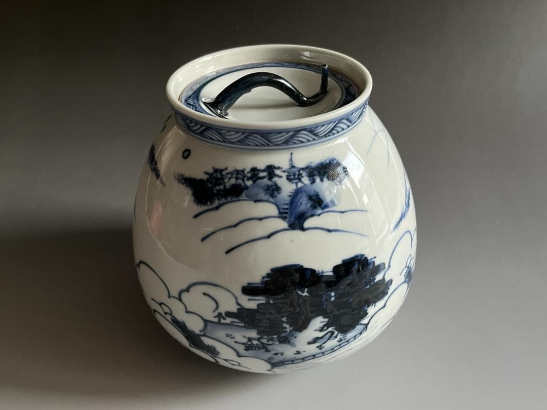 膳所焼　染付　近江八景の繪　芋頭水指　久田宗也　尋牛斎書付　茶道具　表千家