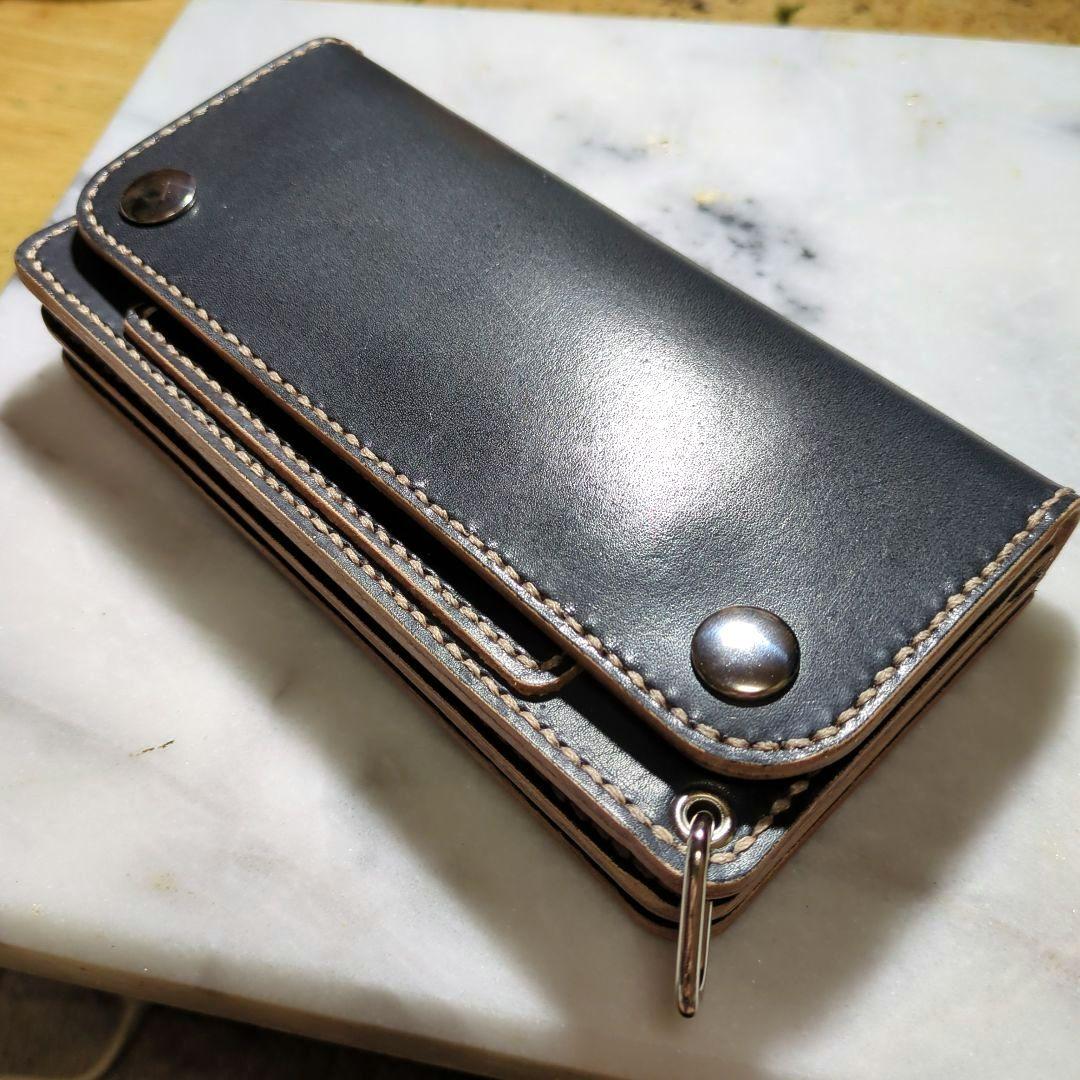 姫路ヌメ革 ハンドメイド トラッカーウォレット 長財布 ロングウォレット 黒