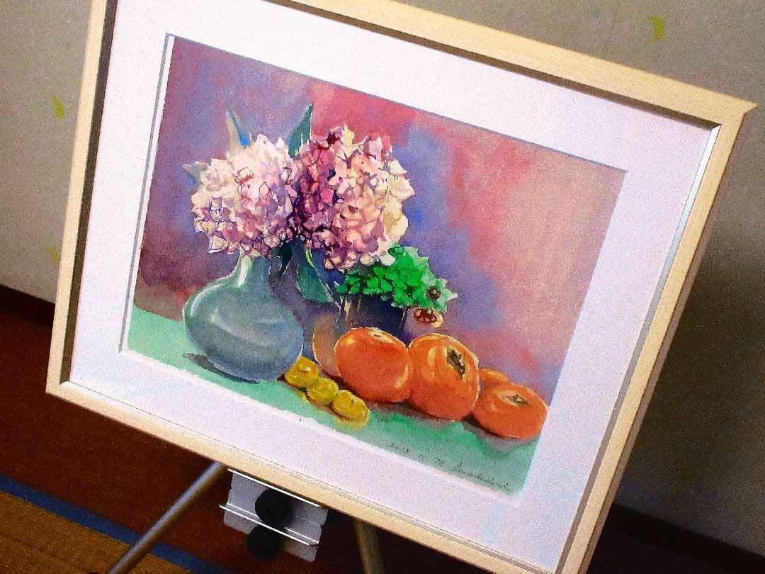 花瓶と果物の水彩画