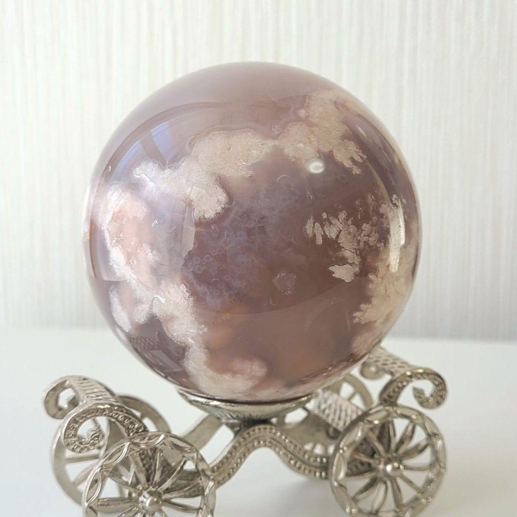 夜桜瑪瑙　スフィア　丸玉　天然石置物　コレクション　風水　フラワーアゲート　原石