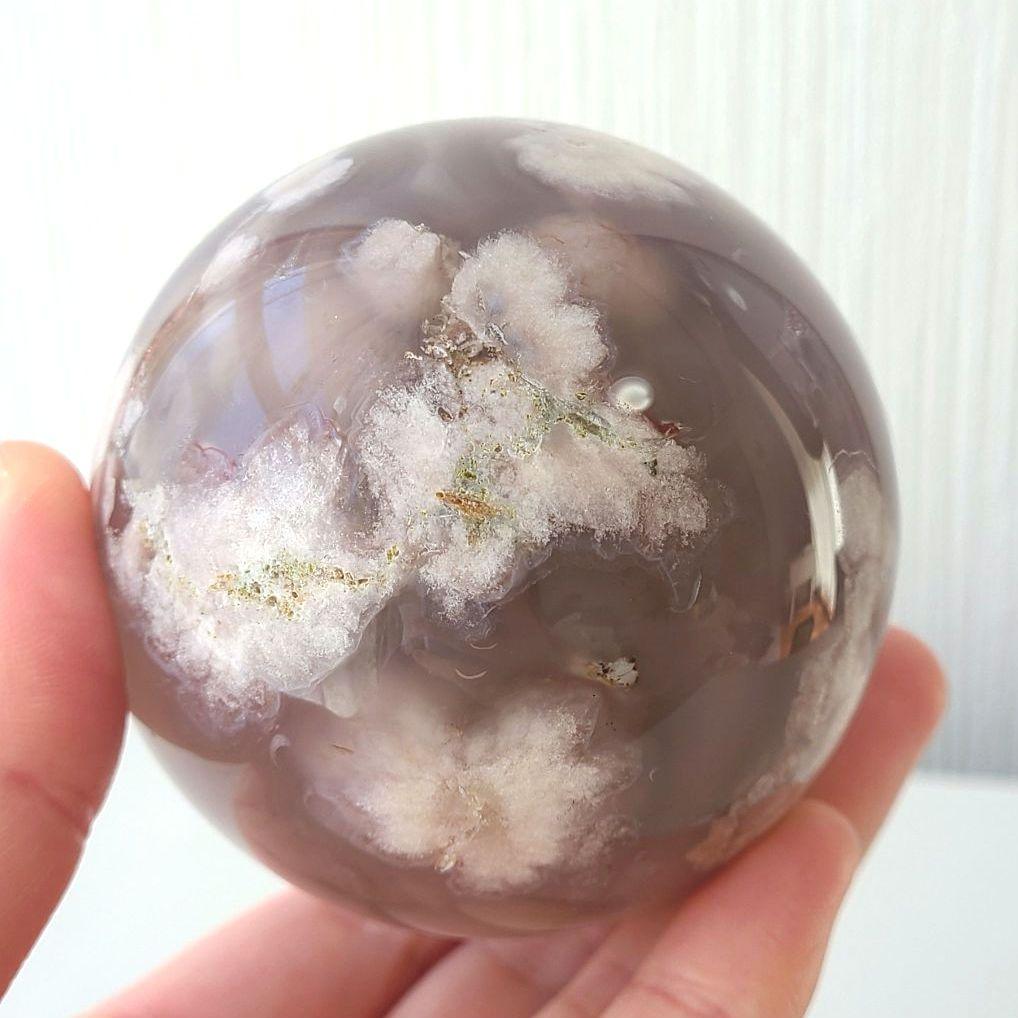 夜桜瑪瑙　スフィア　丸玉　天然石置物　コレクション　風水　フラワーアゲート　原石