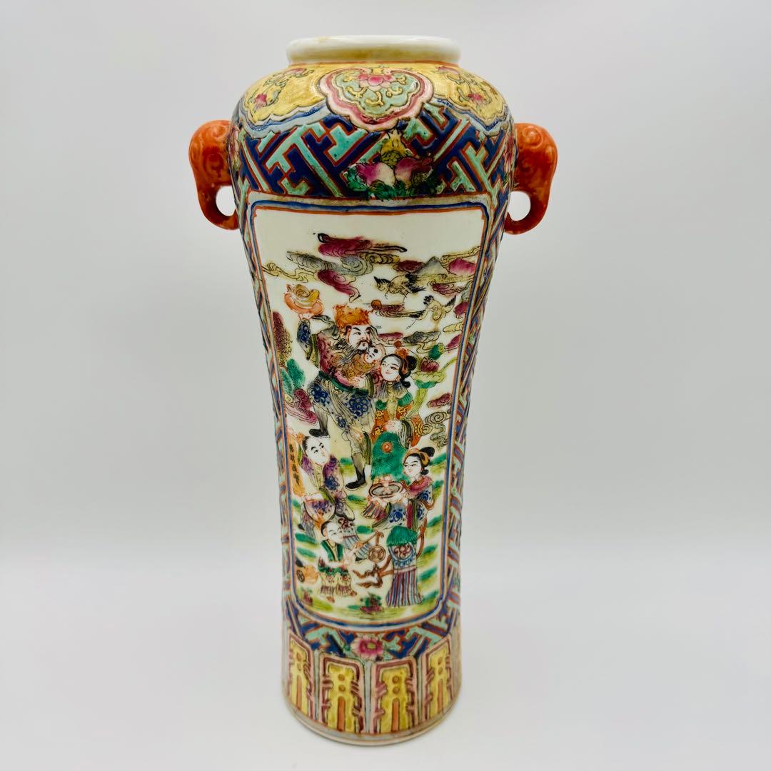 【中国　大清嘉慶年製　粉彩唐美人図象耳花瓶】骨董　アンティーク　時代箱