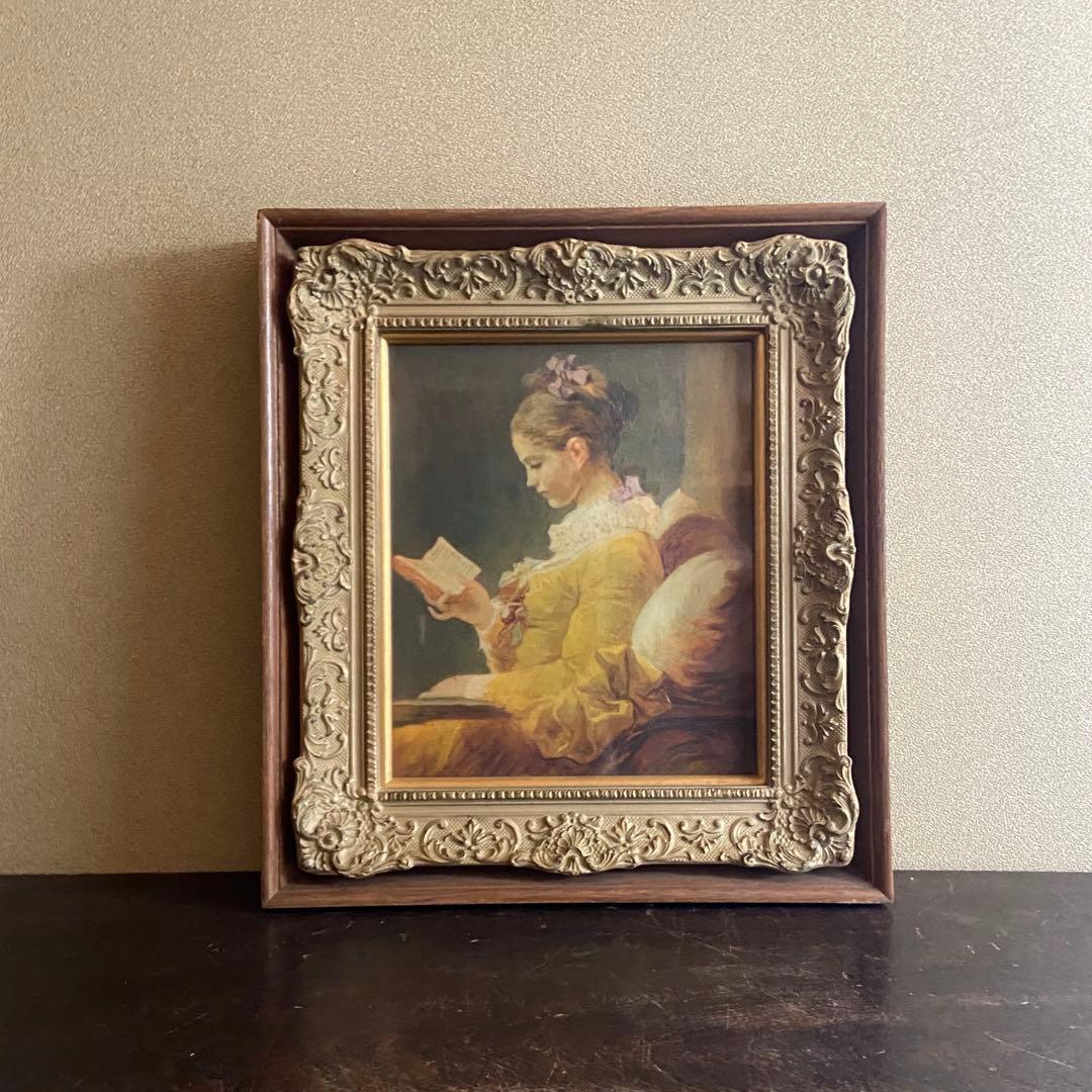 アンティーク　絵画　フラゴナール　読書する娘　　油絵　額付