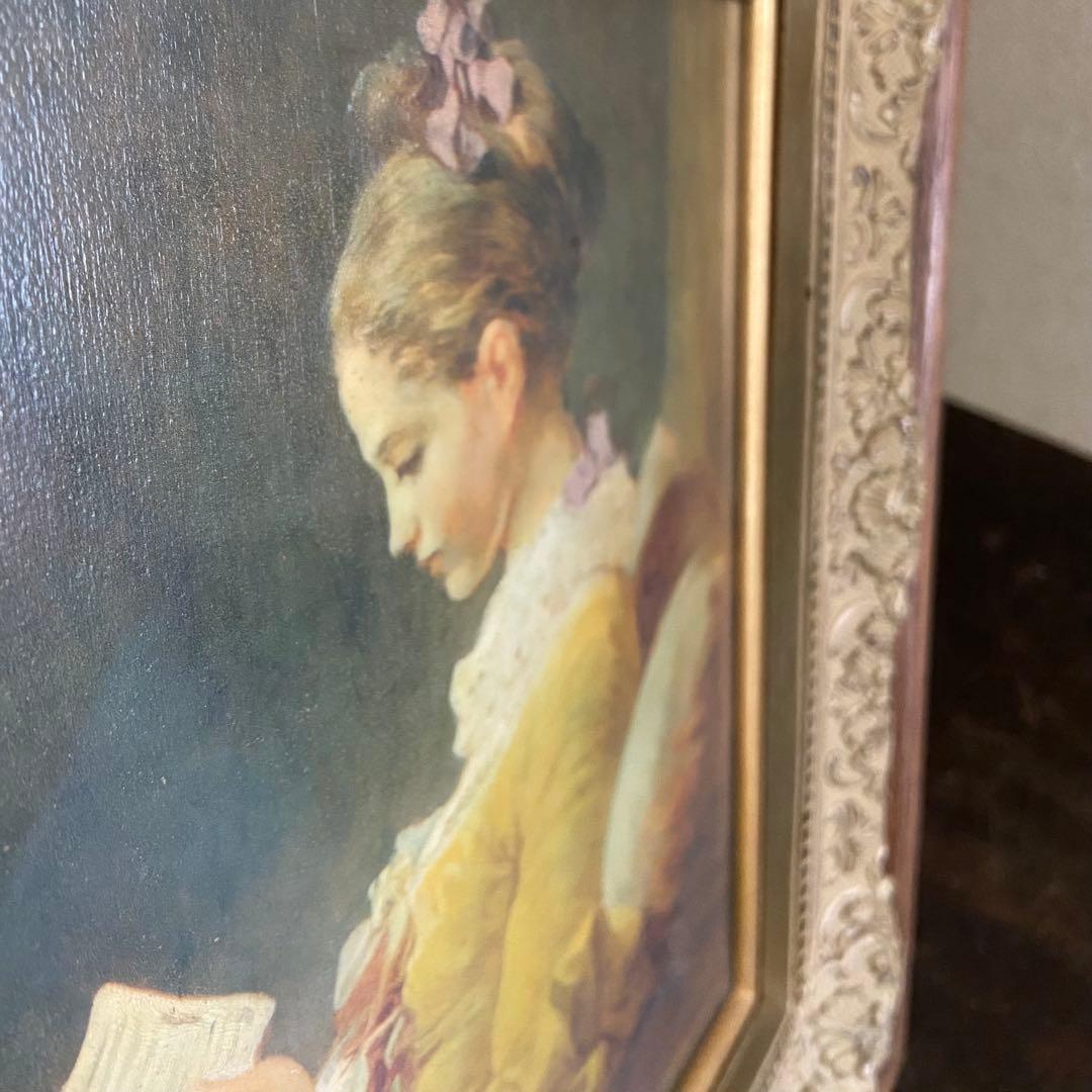 アンティーク　絵画　フラゴナール　読書する娘　　油絵　額付