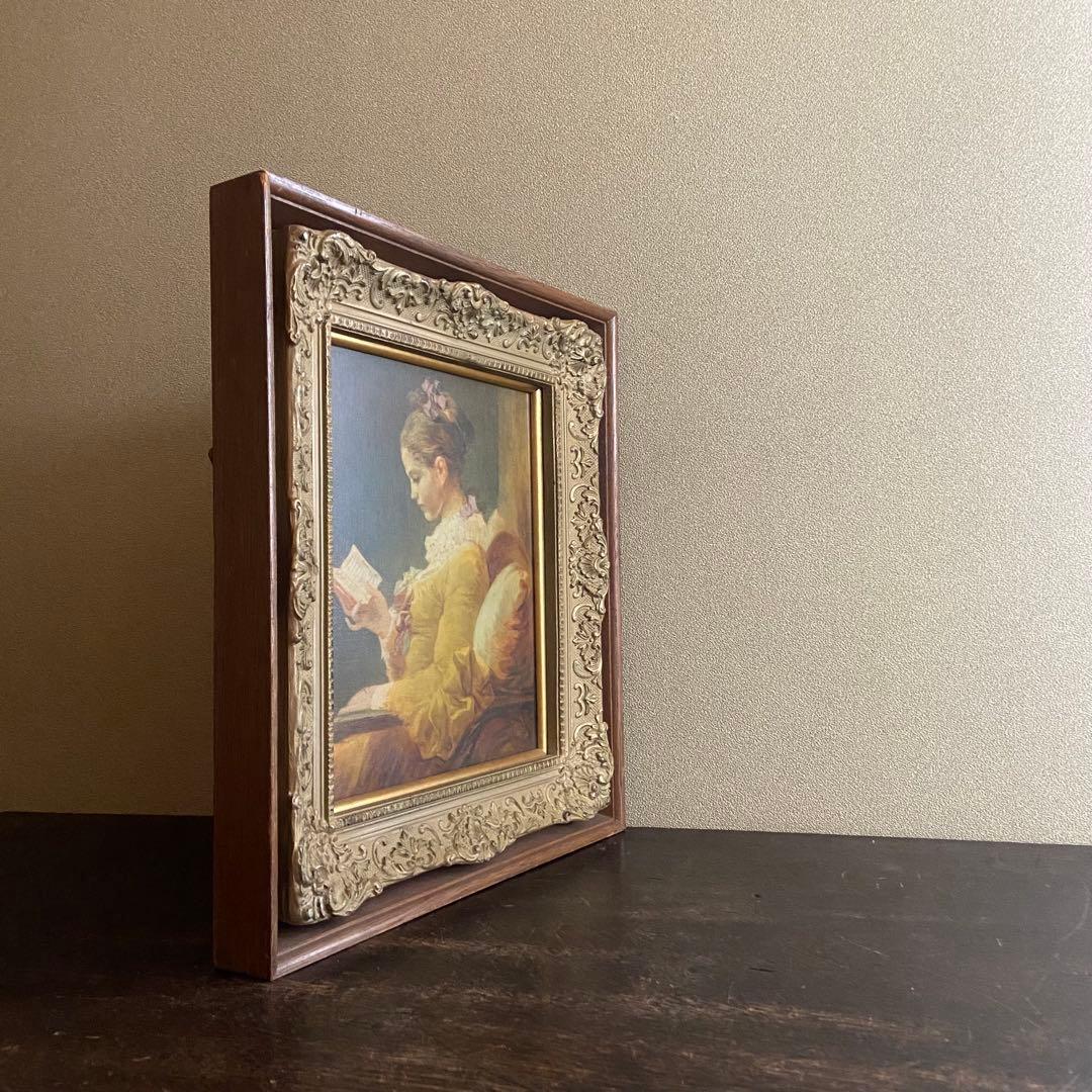 アンティーク　絵画　フラゴナール　読書する娘　　油絵　額付