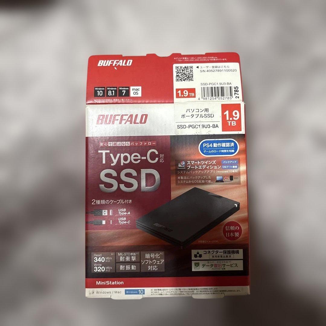 外付けハードディスク・ドライブ BUFFALO Type-C SSD 1.9TB SSD-PG1TU3-BA