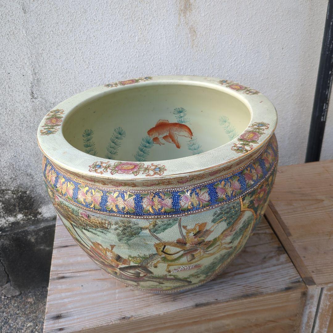 骨董 睡蓮鉢 水鉢 金魚 めだか 色絵 鉢 鉢カバー テーブル アンティーク