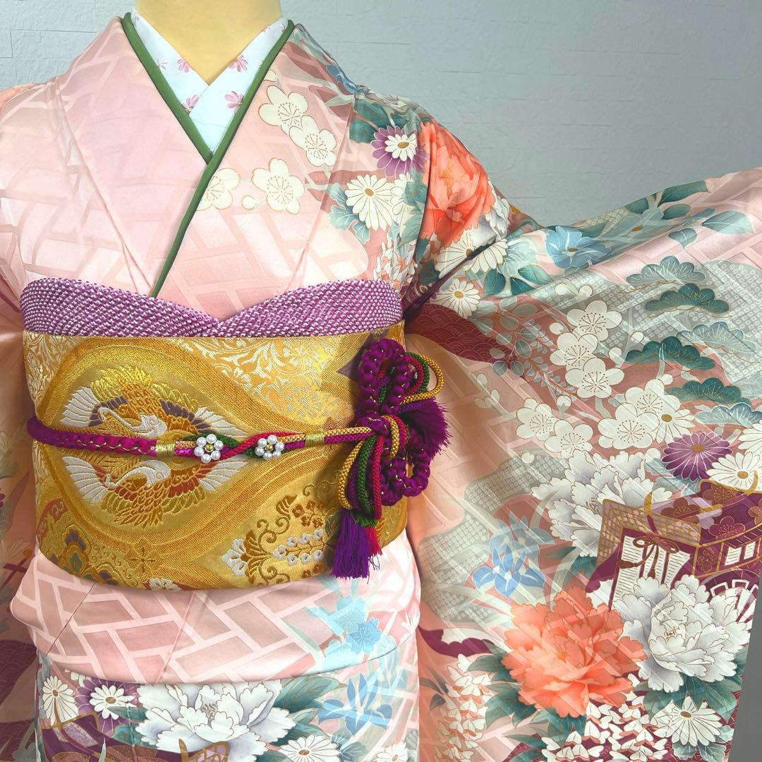 481 振袖フルセット 正絹 薄ピンク 薄桃 金彩 華やか 御所車 藤 牡丹 梅