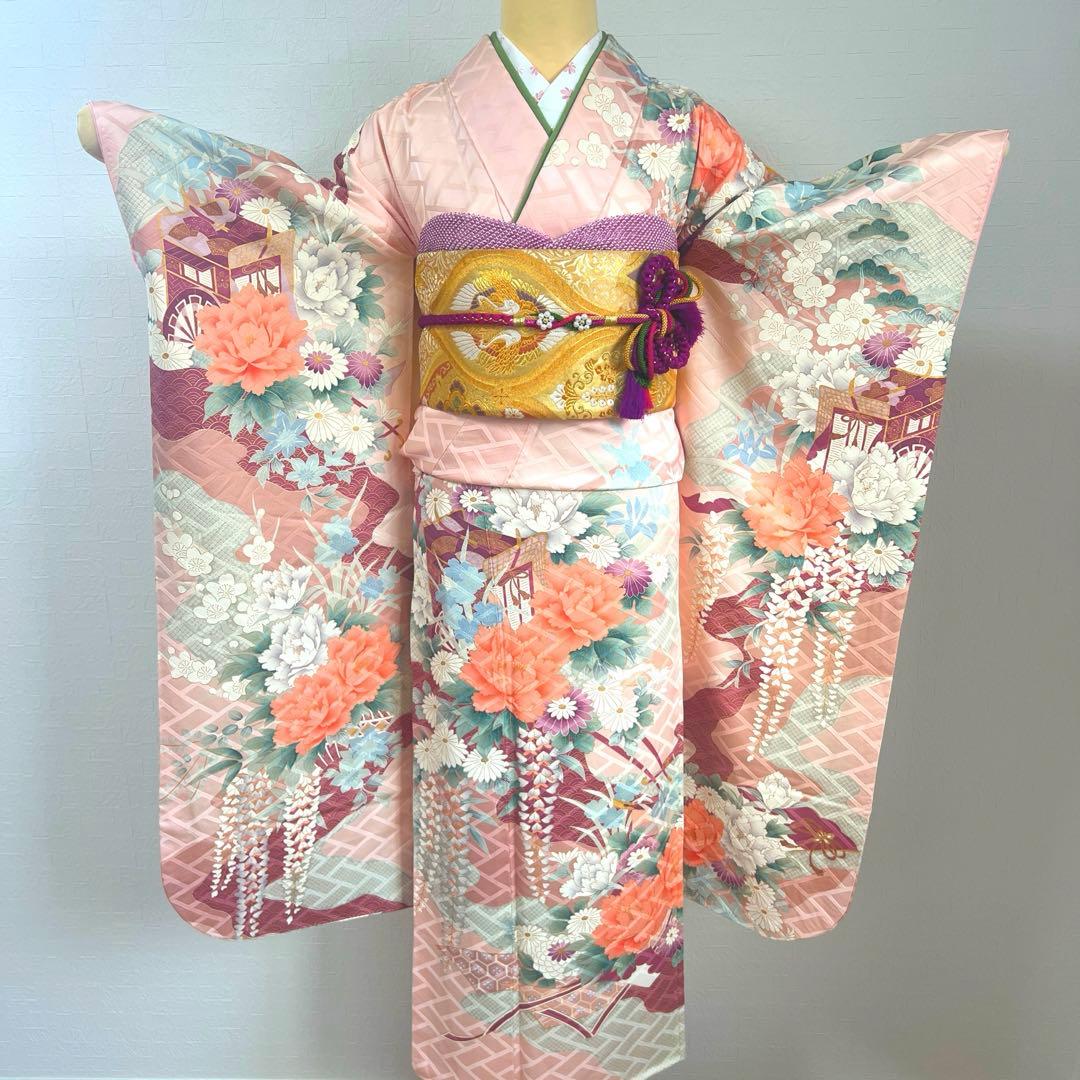 481 振袖フルセット 正絹 薄ピンク 薄桃 金彩 華やか 御所車 藤 牡丹 梅
