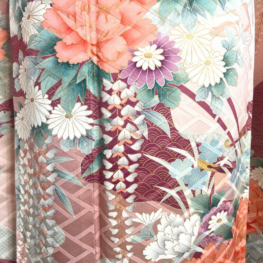 481 振袖フルセット 正絹 薄ピンク 薄桃 金彩 華やか 御所車 藤 牡丹 梅