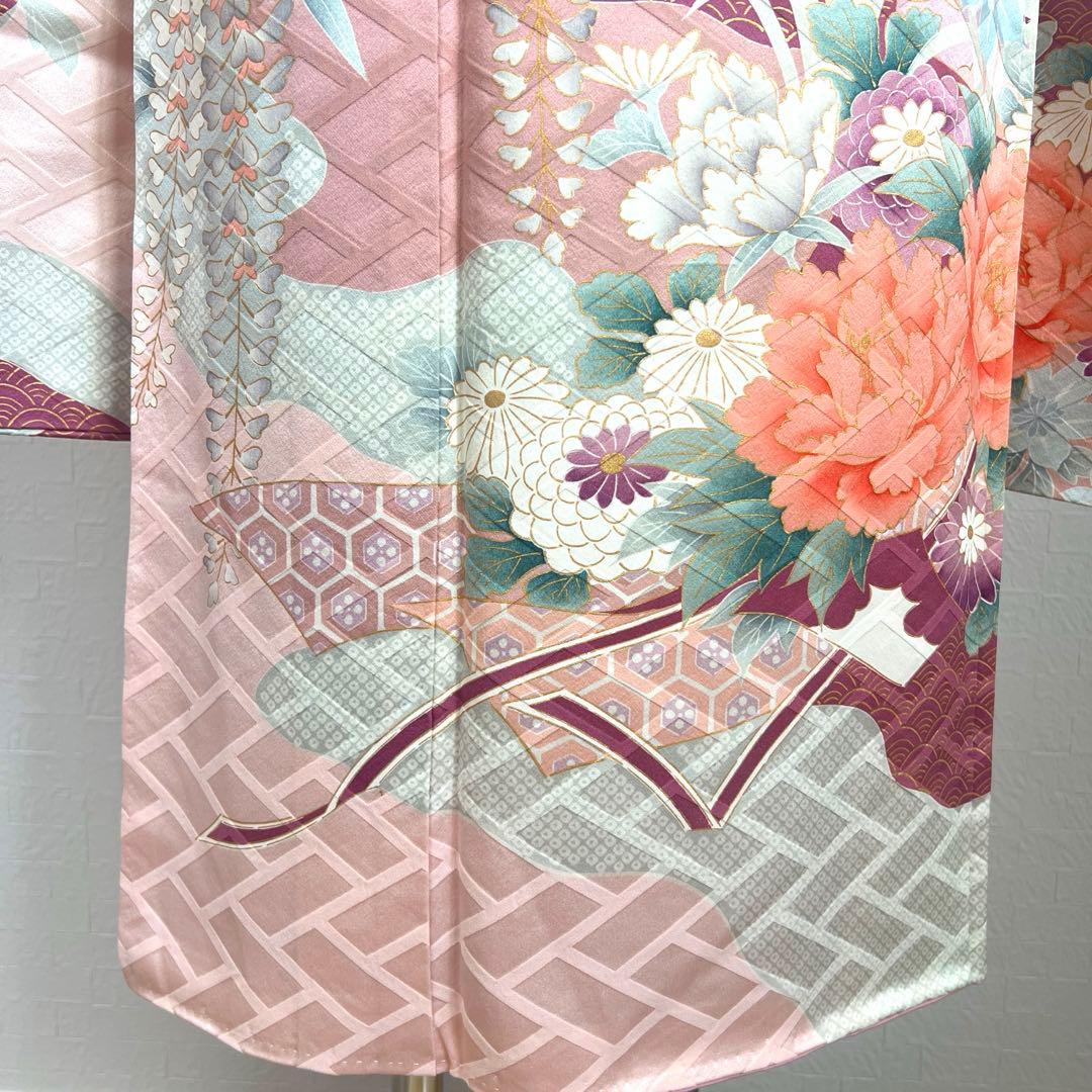 481 振袖フルセット 正絹 薄ピンク 薄桃 金彩 華やか 御所車 藤 牡丹 梅