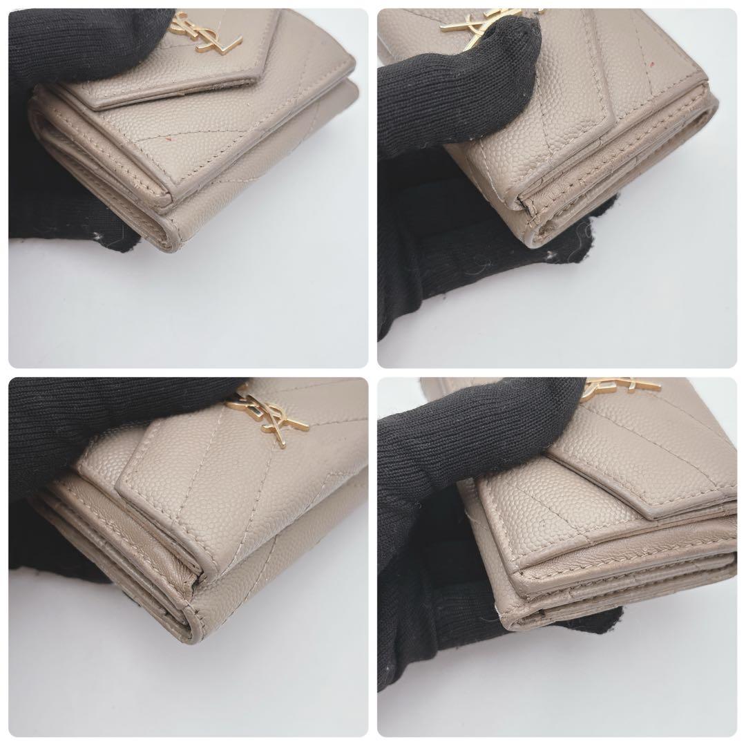 YSL イヴサンローラン レザー 三つ折り財布 ベージュ