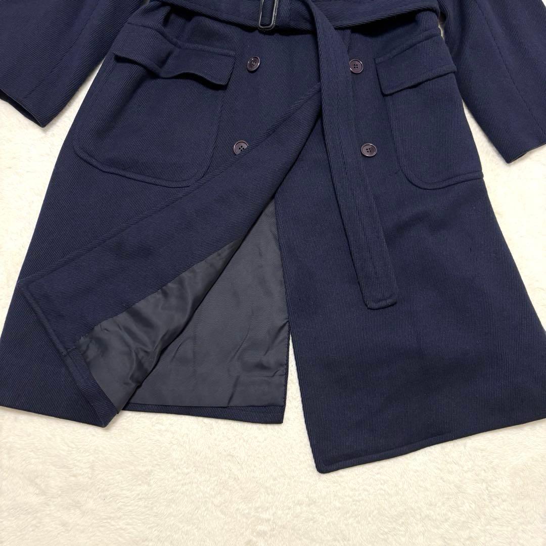 リングヂャケット ヘリンボーン ロング丈 ダブルチェスターコート L ネイビー