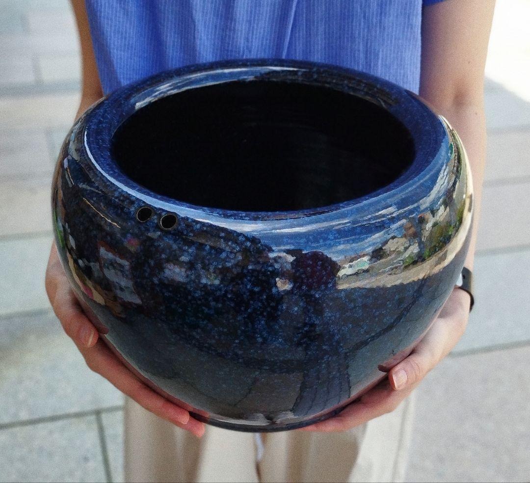 値下げ　火鉢　生子柄　信楽焼　10号　インテリア　和室　灰付き　ブルー