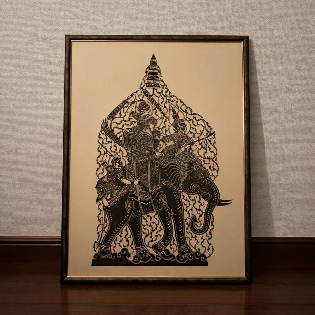 タイ　伝統美術 切り絵アート 額装 スピリチュアル　インテリア　象