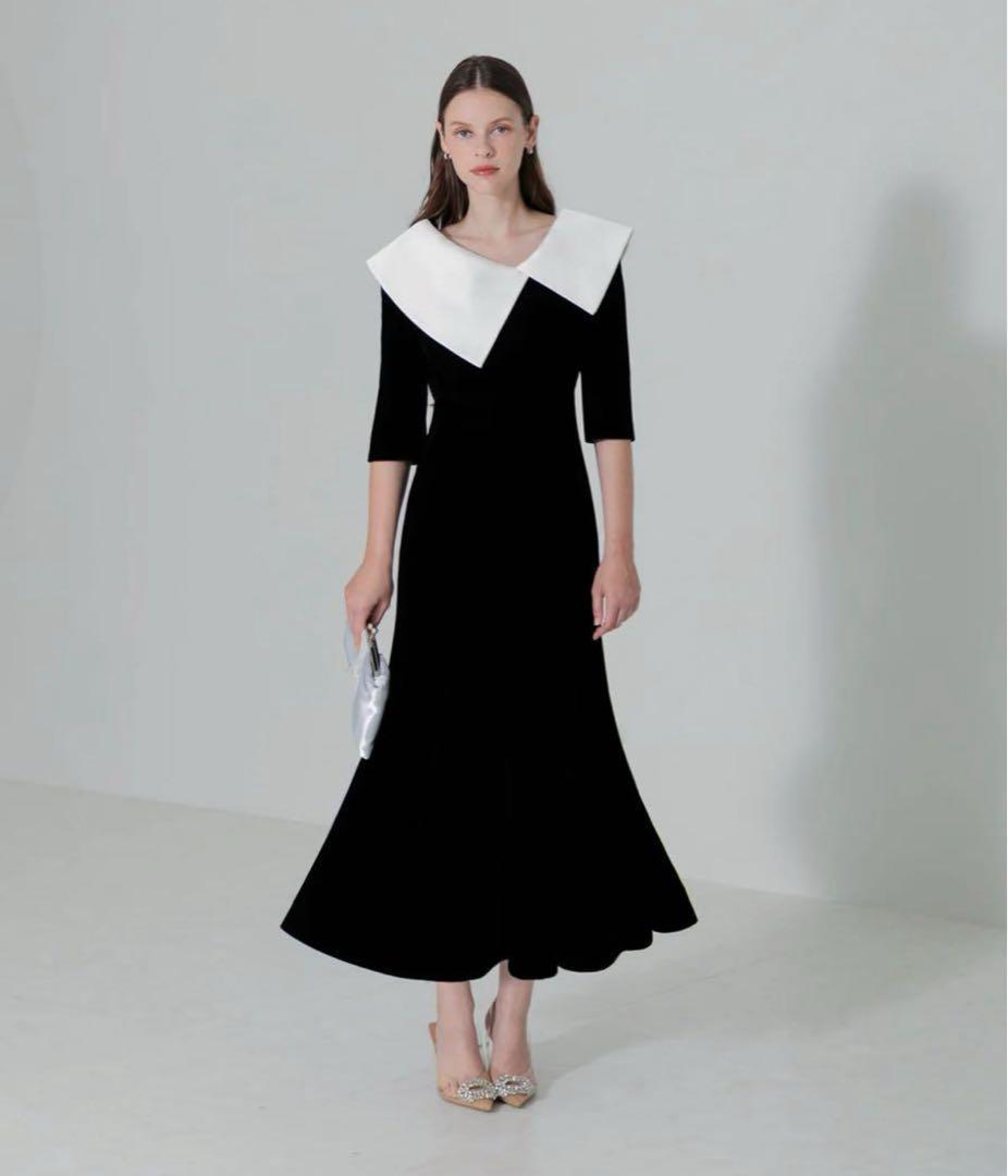 【LEJA】アシンメトリービッグカラーベロアマーメイドワンピースドレス Mサイズ