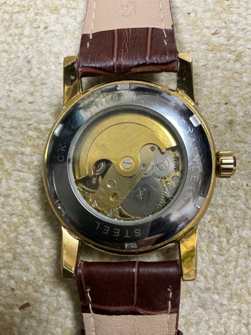 自動巻き 腕時計 スケルトン ゴールドケース レザーベルト 稼働品 現状品