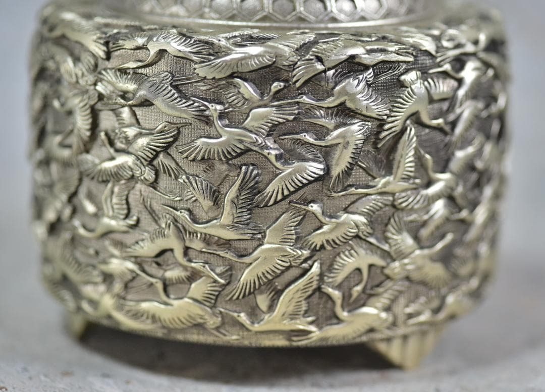 佐野宏采造（彫金作家）華鶴香炉　共箱　金属工芸