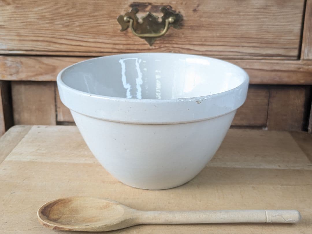 イギリス アンティーク 陶器製 ミキシングボウル 木製スプーン付き