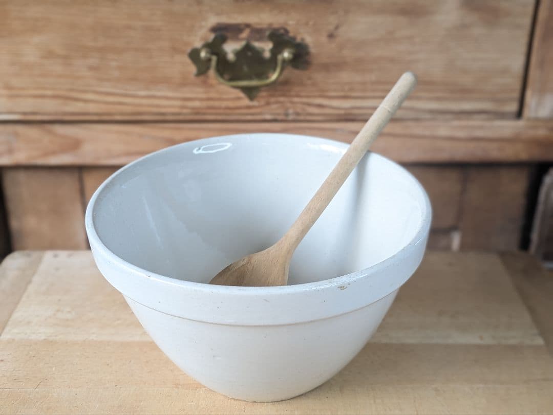 イギリス アンティーク 陶器製 ミキシングボウル 木製スプーン付き