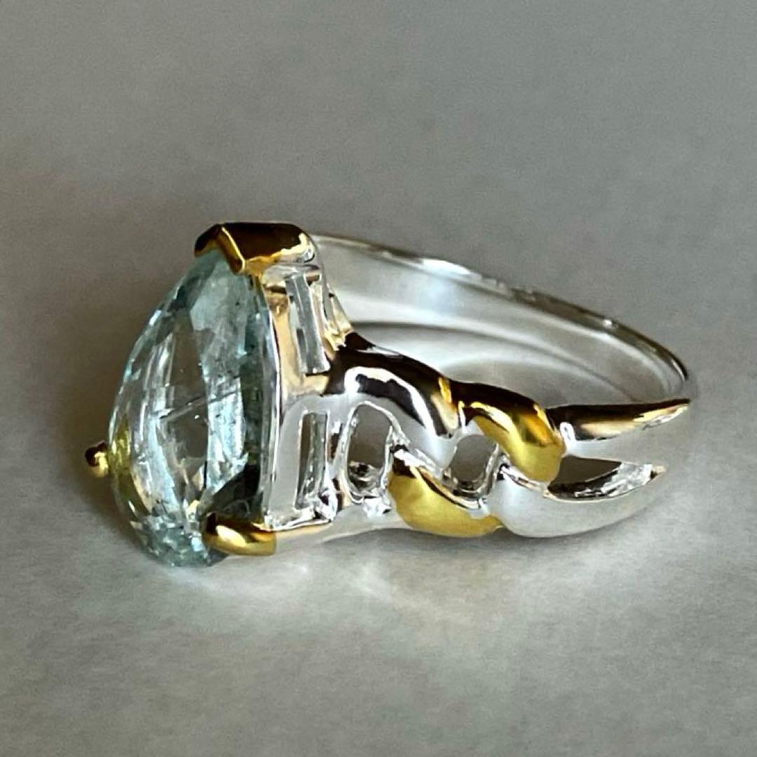 アクアマリン・ノットデザインリング・指輪シルバーK18金ゴールド匿名配送