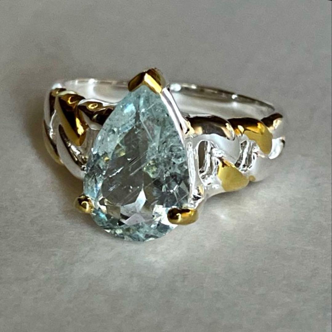 アクアマリン・ノットデザインリング・指輪シルバーK18金ゴールド匿名配送