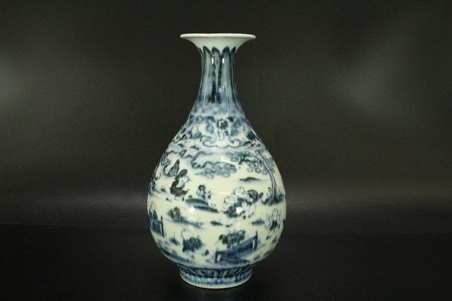 中国美術 青花 古染付 唐物 唐子紋 瓶 高22.5cm 永楽年製(LC516)